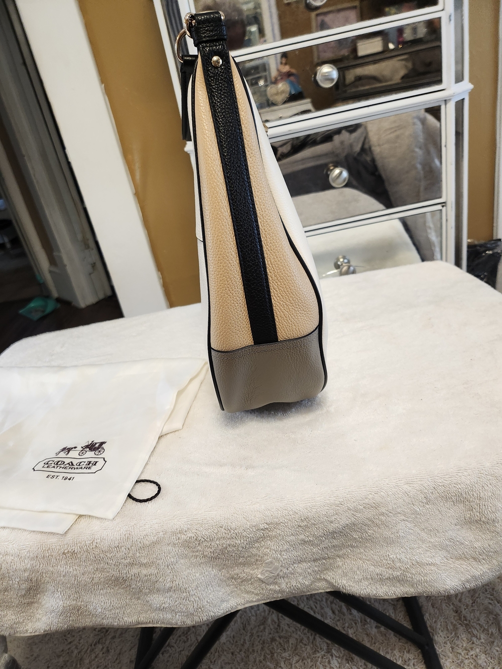 Coach Cream and Tan Pebbled Leather Hobo with Gold Hardware and Black Trim - Picture 3 of 6